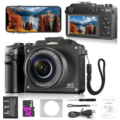 Digitai 4K Compact Camera for Photography, 48MP Vlogging Camera with Wi-Fi and Free 64GB SD Card, 18x Digital Zoom, Dual Lens Selfie Function (Black)