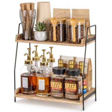 ANBOXIT Coffee Station Organizer for Countertop, 2 Tier Coffee Bar Accessories and Organizer, Wooden Kitchen Storage & Organisation, Countertop Organiser for Kitchen, Home, Office - Brown