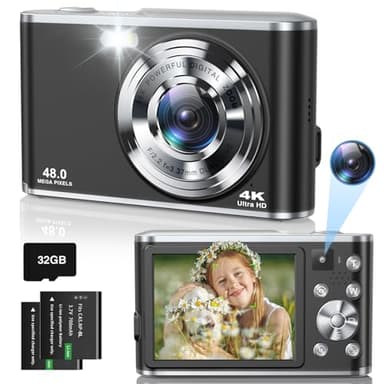 Digital Camera 4K, 48MP Autofocus Camera Selfie with Front and Rear Dual Lenses, 32GB Card, 2 Batteries, 16X Digital Zoom, Compact Travel Vlogging Video Camera for Kid Teen Beginner (Black)