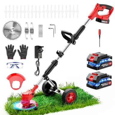 21V Strimmer Cordless Grass Trimmer, 3 in1 Cordless Strimmer with 2Pcs Batteries, Detachable Wheels, 4 Kinds Blades, Electric Garden Strimmer for Garden Clearing Weeds