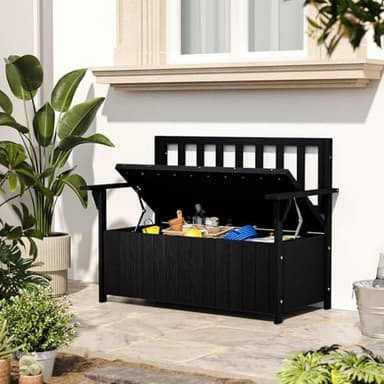 Warmiehomy Garden Storage Bench Wooden Garden Bench with Storage Box 2-Seater Loveseat with 135L Box Outdoor Furniture Storage Bench for Patio, Balcony, Backyard, Black