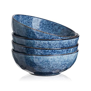 vicrays Rice Dessert Cereal Bowls 4 Piece Stoneware Vintage Look Ceramic Blue Large Serving Bowl, Soup/Mixing/Fruit/Noodle/Ramen China Bowl, Capacity of 940 ml. (18x18x6.3 cm)
