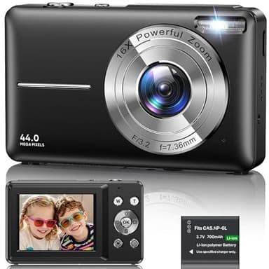 Digital Camera 1080P, 44MP FHD Compact Digital Camera, 16X Digital Zoom Portable Photo Camera with 2.4" LCD Screen, 1 Battery, Vlogging Camera for Kids, Beginners, Teens, Students-Black (No SD Card)