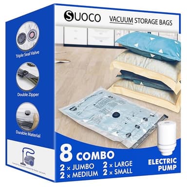 SUOCO 8 Combo Vacuum Storage Bags with Electric Pump, (2 Jumbo, 2 Large, 2 Medium, 2 Small) Travel Clothes Space Saver Bags, Compression Airtight Seal Bags for Clothing, Pillows, Comforters, Blankets