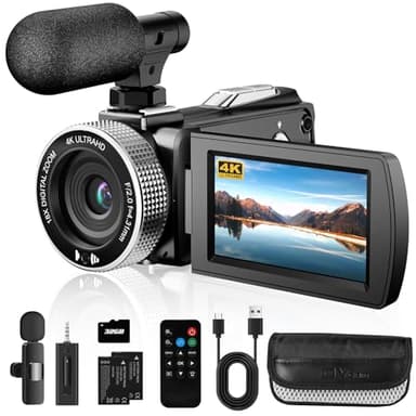 4K Video Camera Camcorder, 48MP Photo 4K 60FPS Video, Digital Camcorder for Vlogging Youtube，with 2 Batteries/Wireless MIC/SD Card/Remote