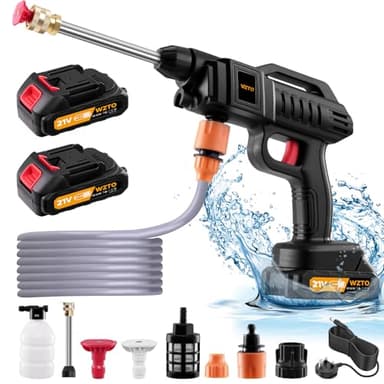 pressure washers cordless 21V, 1500W Portable cordless pressure Power washer uk, with 2 Nozzle, 2 Batteries, 16.5ft Hose Cordless jet washers/pressure washers for Car Floor Gardening Cleaning