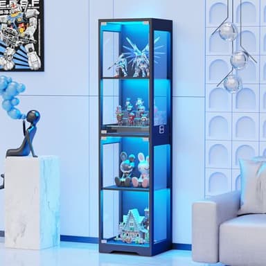 BROTTAR 63" Tall Display Cabinets with Glass Doors, Glass Bookcase Bookshelf with 3 Color Lights & Human Body Sensor, File Cabinets for Office Living Room Bedroom Furniture, Black