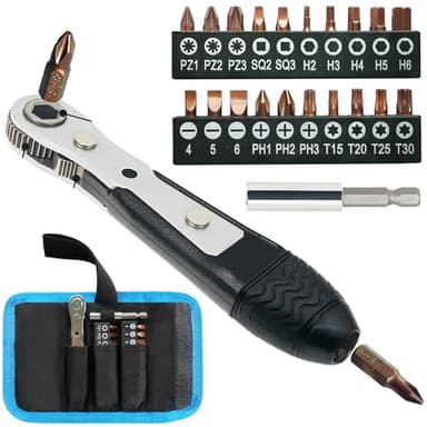 BAKESHU Mini Ratchet Screwdriver Set, Right Angle Screwdriver,Short Offset Screwdrivers with Phillips, Flat, Torx, Hex, Square,Pozidriv S2-Alloy Steel Bits