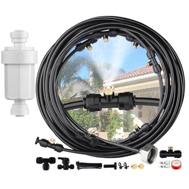 Misters for Outside Patio - Misting System with Water Filter Pre-assembled 29.5FT(9M) Misting Line 9Brass Mist Nozzles + Brass Adapter(3/4") Patio Misters for Cooling Outdoor Garden Greenhouse