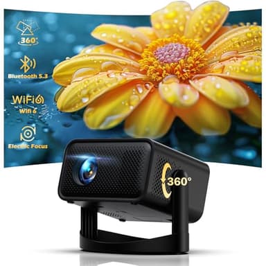 【360° Adjustable Stand】Mini Projector with WiFi 6 and Bluetooth, Electric Focus & Auto Keystone Correction Portable Projector, 1080P HD Support with TV Stick, HDMI, USB, Tablet Projector for bedroom