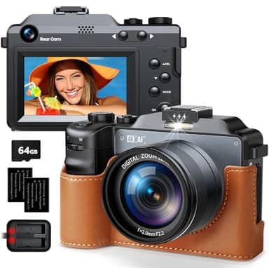 4K Digital Camera, 64MP Autofocus Vlogging Camera with 64G SD Card, 18X Digital Zoom Photography Camera for Youtube Travel, Compact Camera with 3.0 inch Screen Dual Lens for Teens Beginners Adults