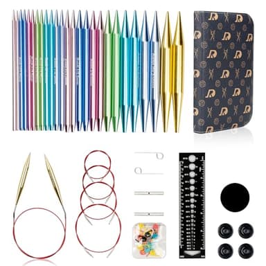 RUIDI Circular Knitting Needles Set, Light Aluminium Interchangeable Circular Knitting Needles Set with Case & Accessories, 13 Pairs of 10cm Round Needles from 2.75mm to 10mm