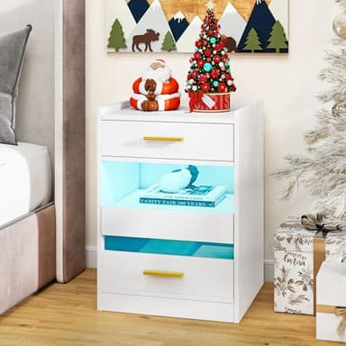 YITAHOME Bedside Table, Side Coffee Table with LED Lights & Charging Station, Bedside Cabinet Nightstand Side Table with Storage Drawers for Living Room Bedroom, White