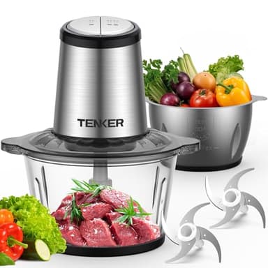 TENKER Food Processor, Electric Food Chopper with 2 Bowls (2L+2L), 2 Sets Blades, 500W Meat Grinder & Veggie Chopper, 2 Speed for Baby food &Family Use, Black