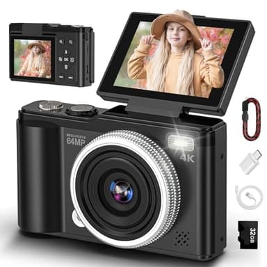 4K 64MP Digital Camera with 32GB TF Card, 180° Flip Screen Autofocus Camera with Macro Function and 16x Digital Zoom, Compact Camera with USB Cable for Teenagers Boys and Girls