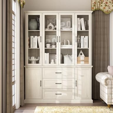 PREMTURE 155cm W Bookcase with 4 Glass Doors, Modern Display Storage Cabinet with Shelves & 3 Drawers, Wooden Bookshelf, Meige, 40.1 cm（W）× 154.9 cm（D）× 207.5 cm（H）