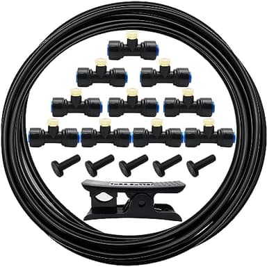 CESFONJER Misting Cooling System, Mist Irrigation System Kit, Misting System Garden Hose 5M with 10 pcs Mist Nozzles, 10 pcs Mist Seat and 5 pcs End Plug for Patio, Garden, Greenhouse (Black)
