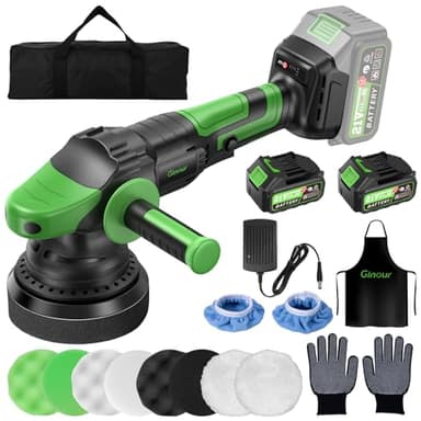 Ginour Cordless Car Polisher for Car Detailing, 900W Brushless Dual Action Car Polisher with 2*21V 3.0Ah Batteries, Variable Speeds 2000-4000OPM, Car Buffer Polisher Machine with Side Handle, 5in disc
