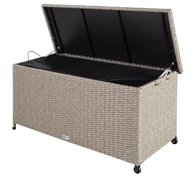 CASARIA® 270 Litre Polyrattan Garden Storage Box with Wheels | Waterproof UV Resistant | Inner Lining | 117x53x60cm Patio Furniture Cushion Chest with Gas Pressure Lift Lid | Cream