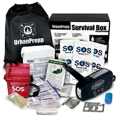 UrbanPrepp Deluxe 72 Hour Survival Box w/Solar LED Light Radio - 1 Person Emergency Food, Water, Phone Charger, First Aid Kit, Thermal Blanket, Emergency Rations Floods, Earthquake, Car, Work, School