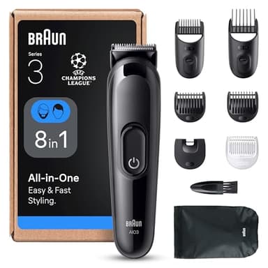 Braun 8-in-1 All-in-One Beard Trimmer & Hair Clipper for Men, Series 3 Grooming Kit with Ultra Sharp Blade, 14 Length Settings (3–21mm), 50-Min Cordless Use, Washable Heads, AIO3545, Black