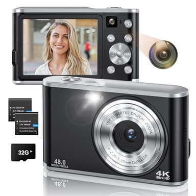 Digital Camera- Compact Camera 4K 48MP Autofocus Dual-Lens with 32GB SD Card, 2.8" Screen, 16X Zoom, 2 Batteries, Vlogging Selfie Camera for Kids & Beginners