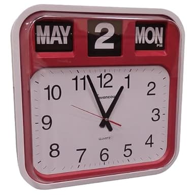 Ravencourt Large Flip Calendar Wall Clock, Office Clock, Public Sector Style, Easy Read, High Contrast Clock Face, Dementia Care, size 42cm x 44cm c 10cm (Red)