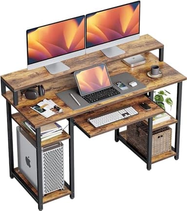 CubiCubi 120x50 cm Computer Desk with Storage Shelves Monitor Stand Keyboard Tray, Home Office Desk, Study Writing Table, Brown