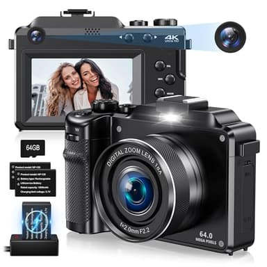 4K Digital Camera for Photography,64MP Vlogging Camera for Youtube,Multi-Filters Travel Video Camera with Auto Focus,18X Zoom,64G TF Cards,2 Batteries for Beginners-Black
