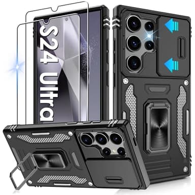 Jshru for Samsung S24 Ultra Case,[Built-in Slide Camera Cover & Rotatable Kickstand],Military Grade Shockproof Phone Case,Anti-Scratch Phone Cover for Samsung Galaxy S24 Ultra,Black