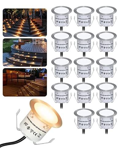 HIBOITEC 16Pcs Decking Lights, Lighting LED Deck Lights φ32mm, Warm White Decking Lighting, Waterproof Plinth Deck Light, for Outdoor, Garden, Floor Tile, Staircase, Wall Corner, Bathroom