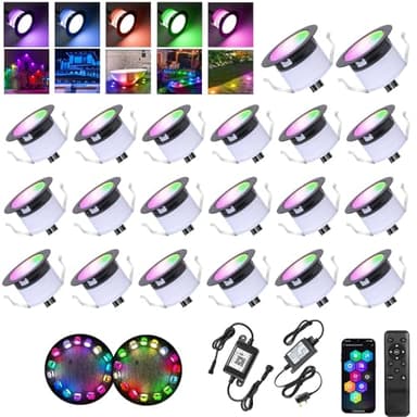 WiFi LED Decking Lights RGBW,Decking Patio Lighting Ø31MM 12V 0.6W IP67 Waterproof Smart Led Plinth Light Multicolor Chasing Effect Timer Recessed Deck Lights for Terrace Pathway Floor Decor-20 Pack