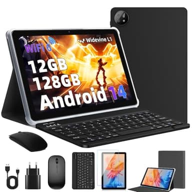 Rebecco tablet 10 inch Android 14, tablet with Bluetooth 5.4, 12GB RAM + 128GB ROM (TF 1TB), Office Tablets Kit,Octa-Core Android, 1280x800 HD,WiFi 6, 5MP+8MP Camera, 6000mAh, Widevine L1