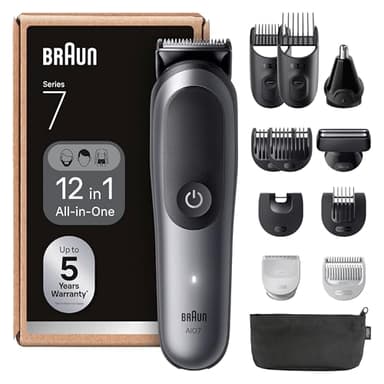 Braun Series 7 All-in-One Grooming Kit for Men, 12-in-1 MultiGroom Beard Trimmer, Hair Clipper & Body Shaver, ProBlade, AutoSense, SkinGuard, Waterproof, 120 Min Cordless Use, AIO7545, Grey