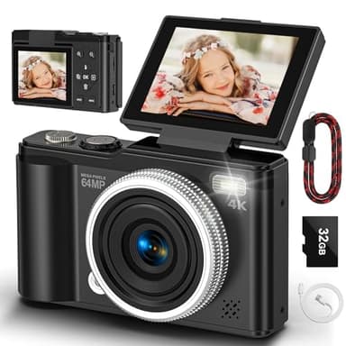 Digital camera, 4K 64MP Compact Digital Camera with Autofocus and Macro Function, 180° flip-up screen portable selfie cameras for photography and video with 32GB Micro SD Card for Beginners Teens