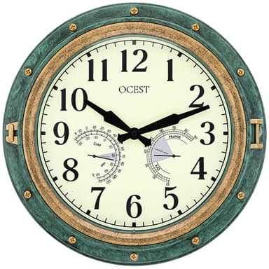 OCEST 16 Inch Garden Clocks Outdoor Waterproof, Large Thermometer, Hygrometer, Retro Design, Non-Ticking Battery Operated Decor for Home Decor Patio (Green)