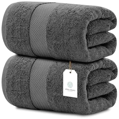 White Classic Luxury Large Bath Towels Set of 2, 89 x 178 Cm Oversized Bath Sheets, Hotel Quality Thick Extra Large Sized, 2 Pack High Absorbent XL for Adults, Shadow Grey