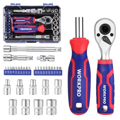 WORKPRO 34 Pieces 1/4" Socket Set, Ratchet Set with Bit Socket Set, Wrench Set and Extension Bar for DIY, Car Repair and Daily Maintine with Tool Box