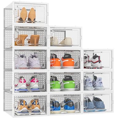 HOMIDEC Shoe Storage Box,12 pcs Stackable Shoe Boxes Clear Plastic Shoe Organizer Shoe Containers with Lids for Women/Men,Fit UK 9.5,White