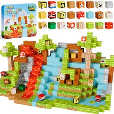 Pixel Cube 120 Magnetic Building Blocks Set - With Metal Travel Tin - Build-A-World Mine Blocks For Kids - Creative, Safe Magnetic Construction Toys - Aeroplane Activities Travel Toys