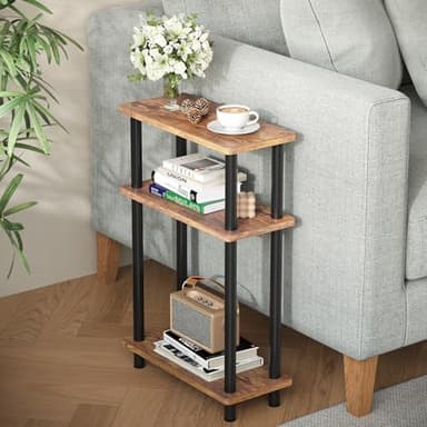 APICIZON Narrow Side Table, Slim Small Table, 3 Tier End Table Living Room, 40x18x61.5cm, Modern Thin Side Tables for Living Room, Bedroom, Sofa, Small Nightstand with Magazine Rack, Save Space, Brown