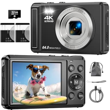 ZMOQNG Digital Camera 4K 64MP Autofocus with 32GB SD Card, 2.8" Screen Compact Vlogging Camera with 2 Batteries, for Kids & Beginners