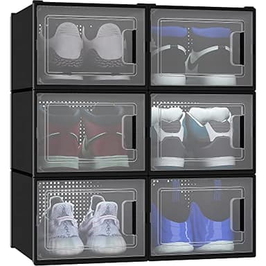 YITAHOME Shoe Box,6Pcs Stackable Shoe Containers,35.8x27.7x20.8cm,Fit up to UK Size 14,X-Large Size Shoe Storage,Non-toxic Plastic Drop Front Shoe Organisers,Black Shoe Storage Box