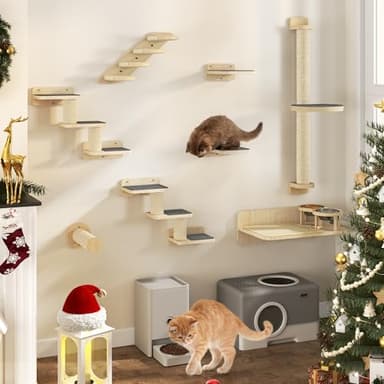 YITAHOME 8PCS Wall Mounted Cat Climbing Shelves, Cat Wall Furniture with 1 Cat Stairway/2 Platforms and 2 Ladders with Non-Slip Mats/1 Sisal Post with a large Platform/Cat Bed with 2 Cat Bowls