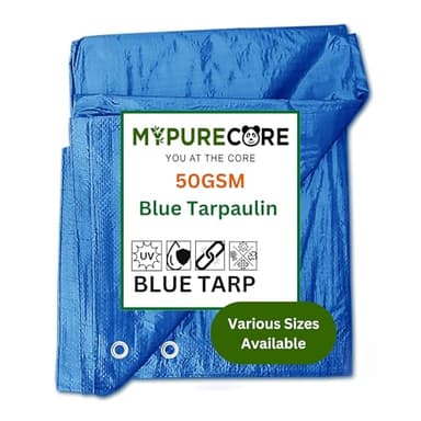 MYPURECORE Large Blue Tarpaulin in Various Sizes - Durable, Water & UV Resistant Tarp Plastic Sheet for Outdoor, Camping, Tent Groundsheet & Garden - Ground Sheet for Versatile Use (3m x 5m)