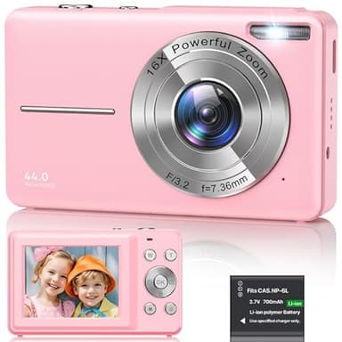 Digital Camera 1080P, 44MP FHD Compact Digital Camera, 16X Digital Zoom Portable Photo Camera with 2.4" LCD Screen, 1 Battery, Vlogging Camera for Kids, Beginners, Teens, Students-Pink (No SD Card)
