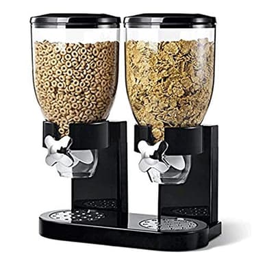 Double Cereal Dispenser Classic Dry Food Double Canister, Dry Food Dispenser Control Storage Container, Great for Cornflakes, candy, nuts, beans, granola - Kitchen Storage Dispenser, Black