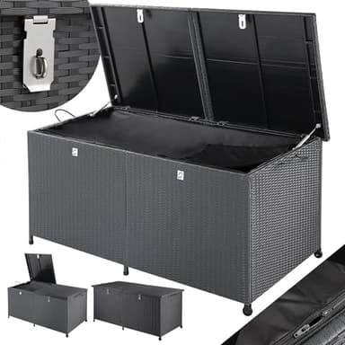 CASARIA® XXL 625 Litre Polyrattan Garden Storage Box Chest Extra Large With Wheels | Rollable Lockable | Automatic Gas Lift Lid Handles | Pillow Cushion Trunk Weather-Resistant | 150x77x73cm | Black