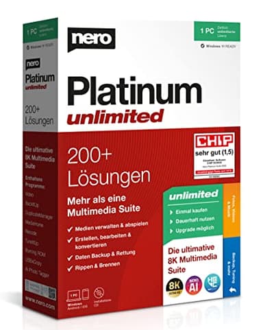 Nero Platinum Unlimited | Retail Box with CD | Video Editing | Manage & Play Media | Artificial Intelligence | 8K | Photos | Music | PC Tuning | Windows 11 / 10 / 8 / 7