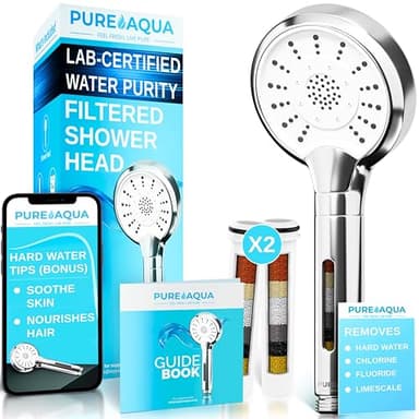 PUREAQUA 10 Power Stage Hard Water Filter Shower Head (Soothes Skin & Hair) | X2 Filters (1 Year+) | 3 Spray Settings | Water Softener Shower Head | High Pressure Shower Heads | Shower Filter UK Brand
